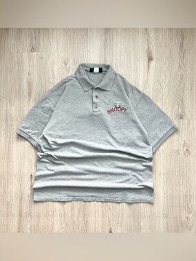 Vintage Snoopy Peanuts Polo Shirt Mens L Gray Made in USA Embroidered Preppy